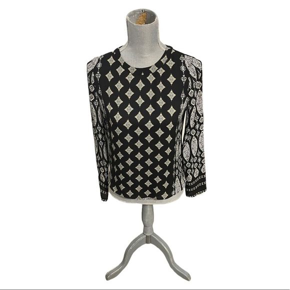 BCBG Donella Black Abstract Long Sleeve Black Blouse Women’s Size XXS - Picture 1 of 6